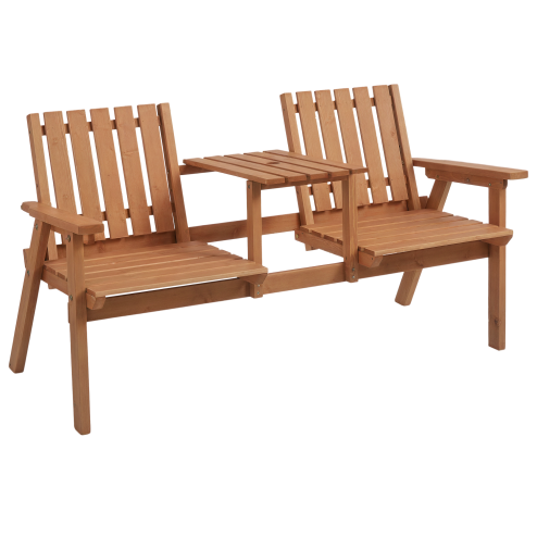 Outsunny 2-Seater Wooden Garden Bench, Antique Loveseat Chair with Table & Parasol Hole, Outdoor Bench for Porch, Patio, Orange