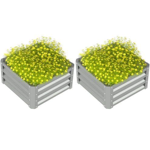 Outsunny Set of 2 Raised Garden Bed, Outdoor Planter Box with Galvanised Steel Frame for Growing Vegetables, Flowers and Herbs, 60 x 60 x 30.5 cm, Light Grey