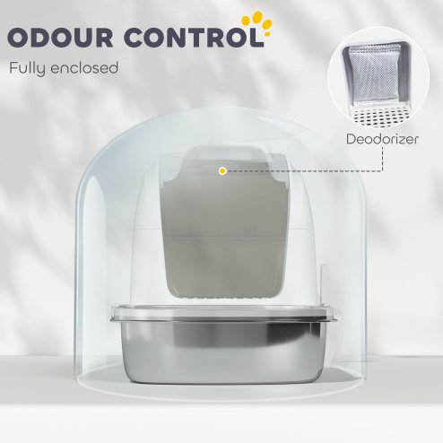 PawHut Stainless Steel Cat Litter Tray with Lid, High-Sided XL Enclosed Metal Litter Box for Big Cats with Scoop, Flip-Cover, Easy Clean