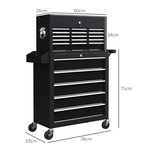 HOMCOM 2 in 1 Rolling Tool Cabinet on Wheels with 14 Drawers, Pegboard and Side Rack, Lockable Top Tool Chest and Roller Cabinet Combo for Workshop and Home, Black