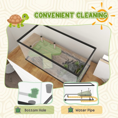 PawHut Turtle Tank, 50L Glass Turtle Aquarium with Basking Platform, Ramp, Easy Drainage, Strip Patch Thermometer, for Small Turtles, 60 x 30 x 32cm