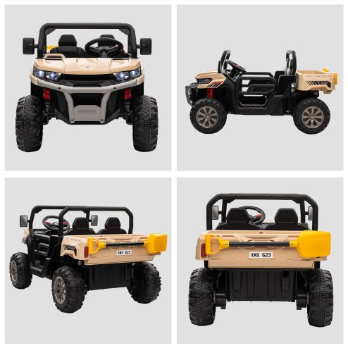 HOMCOM 2 Seater Kids Ride On Car with Electric Bucket, 12V Battery Powered Electric UTV with Shovel, Parental Remote, 4 Spring Suspension Wheels, Working Horn, Music - Yellow