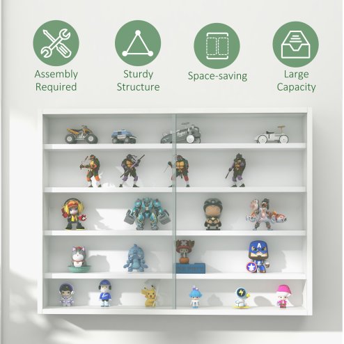 HOMCOM 5-Tier Wall Mounted Display Cabinet, Display Case with 4 Adjustable Shelves, Glass Doors for Home Office Ornaments 60x80cm