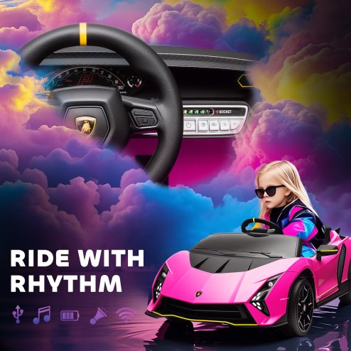 AIYAPLAY 12V Lamborghini Autentica Licensed Kids Electric Car with Butterfly Doors, Ride on Car with Remote Control, 4 Suspension Wheels, Soft Start, LED Lights, Music, Horn, Pink