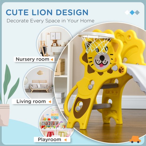 AIYAPLAY Kids Slide 3 in 1 Freestanding Toddler Slide with Climber, Basketball Hoop, Basketball, Lion-Themed for Ages 18-36 Months - Yellow