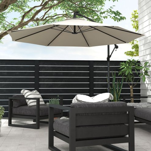 Outsunny 3(m) Banana Cantilever Parasol with Solar LED Lights, Garden Umbrella with Cross Base and Crank Handle, Hanging Offset Sun Shade for Outdoor, Patio, Beige