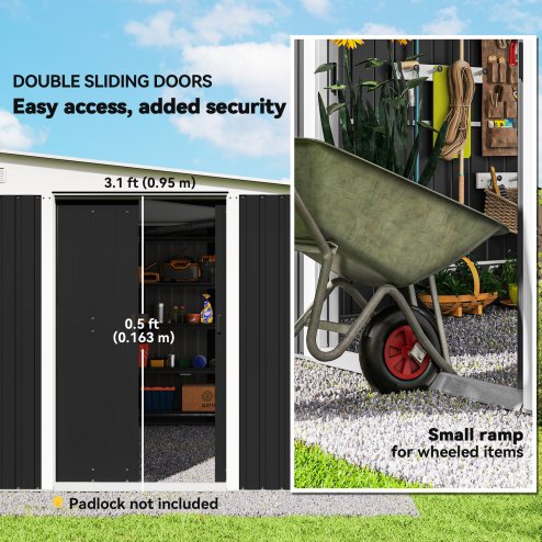 Outsunny 11.3 x 9.2ft Lean to Metal Garden Shed, Outdoor Galvanised Tool Storage House with Double Sliding Doors and 2 Air Vents, Black