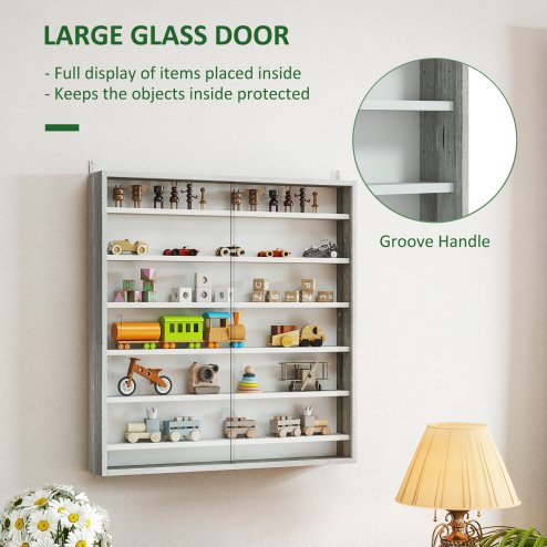 HOMCOM 7-Tier Wall Mounted Display Cabinet, Display Case with 6 Adjustable Shelves, Glass Doors for Home Office Ornaments 83x80cm, Graphite Wood Effect