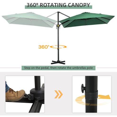 Outsunny 2.5 x 2.5m Patio Offset Parasol Umbrella Cantilever Hanging Aluminium Sun Shade Canopy Shelter 360 Rotation with Crank Handle and Cross Base, Green
