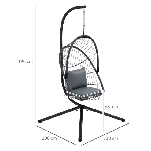 Outsunny Outdoor PE Rattan Swing Chair with Cushion, Foldable Basket Patio Hanging Chair with Metal Stand, 360 degree Rotation Spring Hook, Basket Height Adjust with Metal Chain, Grey