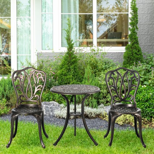 Outsunny 3 Piece Garden Bistro Set, Cast Aluminium Outdoor Furniture Set with Umbrella Hole for Balcony, Porch, Patio, Bronze Tone