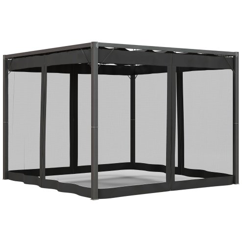 Outsunny 3 x 3 m Pergola with Retractable Roof Canopy and Netting Sidewalls, Aluminium Frame Garden Gazebo Outdoor Sun Shade Shelter for Grill, Patio, Deck, Dark Grey