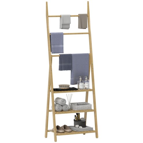 HOMCOM Folding Bathroom Storage Shelves, 3-Tier A-Frame Bamboo Storage Shelving Unit with Towel Bars, Freestanding Shelves Rack Organiser for Living Room, Natural