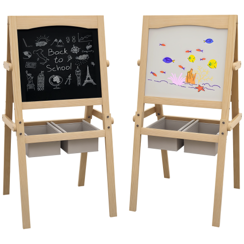 AIYAPLAY Kids Easel with Paper Roll, 3 in 1 Art Easel for Toddlers, Double-Sided Kids Whiteboard Blackboard with Storage Baskets for Ages 3-6 Years - Natural Wood Finish Image