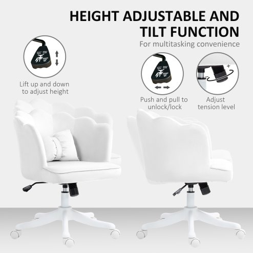 HOMCOM Computer Desk Chair, Armless Makeup Vanity Chair with Shell Back, Bow Pillow, Height Adjustable, Swivel Wheels for Home, Bedroom, White