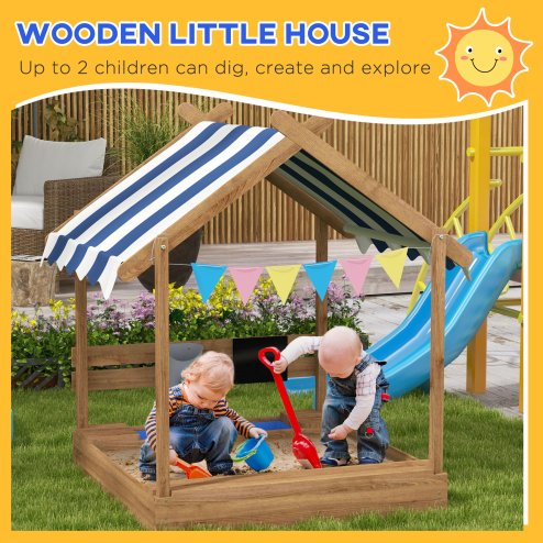 Outsunny Sand Pit Wooden Sandpit Kids Sandbox House for Outdoors, Gardens with Canopy, Liner, Blackboard, Sink, Seats, Flags, for Ages 3-7 Years - Brown