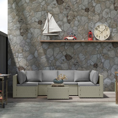 Outsunny 7 Pieces Rattan Garden Furniture Set, 6 Seater Garden Corner Sofa with Wide Seat, Cushions and Glass Top Table, Sectional Outdoor Furniture Conservatory Set for Patio, Light Brown