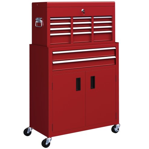 HOMCOM Tool Chest, Metal Tool Cabinet on Wheels with 6 Drawers, Pegboard, Top Chest and Roller Cabinet Combo, 61.6 x 33 x 108cm, Red