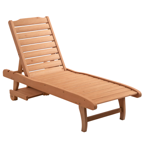Outsunny Garden Patio Sun Lounger, Outdoor Wooden Sun Bed with Built-In Table, Reclining Backrest and Rolling Wheels for Sunbathing, Red Brown