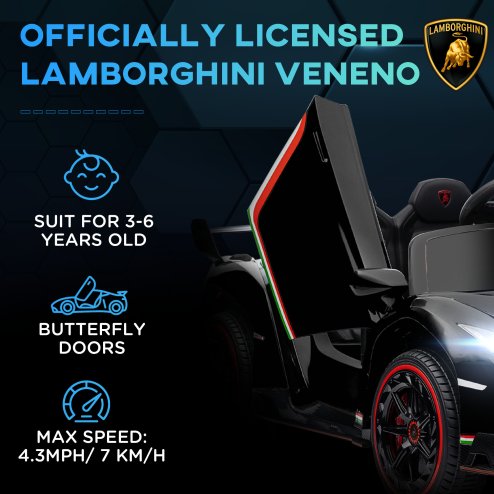 HOMCOM Lamborghini Veneno Licensed 12V Ride on Car, Electric Car for Kids with Butterfly Doors, 7km/h Kids' Electric Ride on with Remote, Music, Horn, Suspension for Ages 3-6 Years, Black