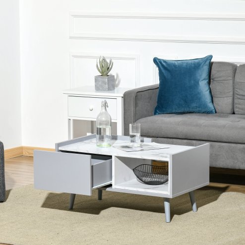 HOMCOM White Coffee Table with Faux Marble Top, 2-Tier Wood Center Table Sofa Table with Storage Drawer and Shelf for Home Living Room Reception Room Image