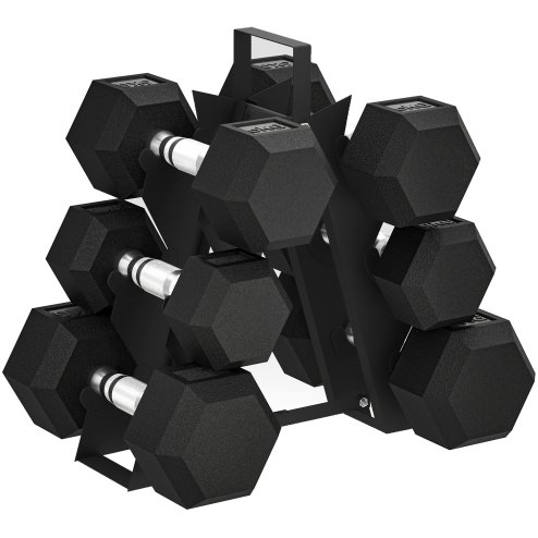 SPORTNOW Hex Dumbbell Set with Weights Storage Rack, Rubber Coated Dumbbells, Non-Slip Chrome Handles, Space-Saving for Home Gym Weight Lifting Strength Training, 2 x 2kg, 2 x 5kg, 2 x 8kg