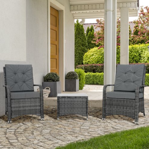 Outsunny 3 Pieces Rattan Bistro Set with Furniture Cover, Wicker Garden Furniture Set, Glass Top Coffee Table and Chairs with Cushions for Outdoor, Patio, Balcony, Grey