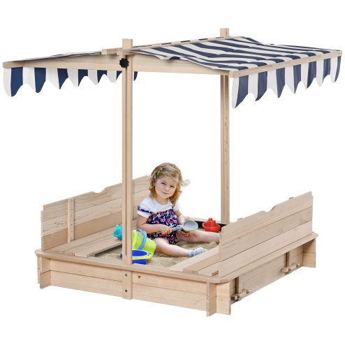 Outsunny Kids Wooden Sand Pit with Lids, Children Sandbox Height Adjustable Canopy for Garden, Convertible Bench Outdoor Garden Playset, Blue and White Canopy