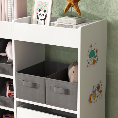 AIYAPLAY Kids Toy Storage Unit, Children Toy Box Organiser with 11 Fabric Bins, Cabinet, Top Shelves, 3 Stickers, Kids Storage Unit Bookshelf for Nursery, Playroom, Kindergarten, White