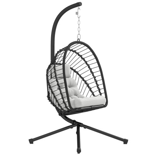 Outsunny Outdoor PE Rattan Swing Chair with Foldable Basket and Cushion, Garden Patio Hanging Egg Chair with Metal Stand, Headrest for Indoor and Outdoor, Black Image