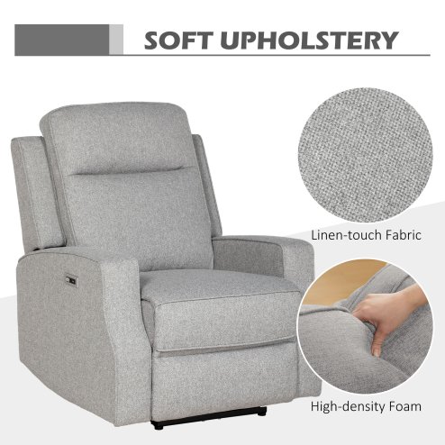 HOMCOM Electric Fabric Recliner Armchair, Reclining Chair with Adjustable Leg Rest, USB Port, for Limited Space Home Living Room, Grey