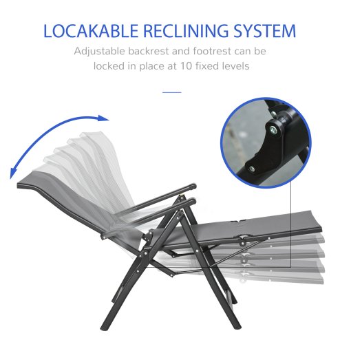 Outdoor Reclining Garden Chair Set of 2, 10-Position Adjustable Folding Sun Lounger Zero Gravity Chairs with Texteline Seat, Armrests and Footrest for Patio, Grey