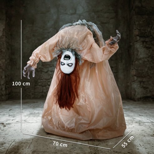 HOMCOM 100 cm Animated Halloween Broken-Back Ghost, Halloween Animatronics Swaying Female Ghoul with Creepy Screams, Glowing Eyes, Sound/Touch Activated, for Indoor, Covered Outdoor