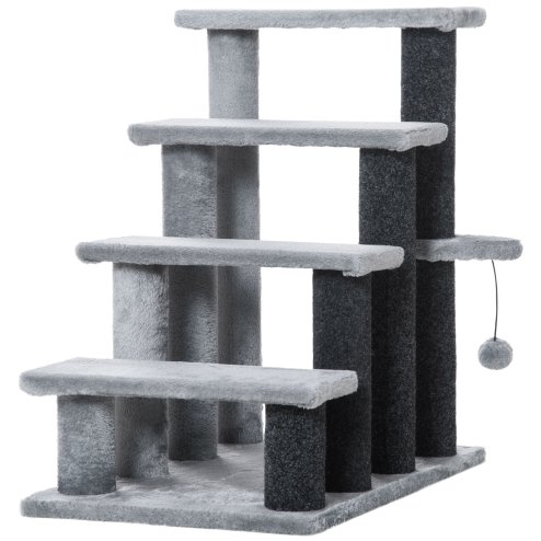 PawHut Pet Stairs, Cat Tree Climb Ladder with 4-step Stair, Scratching Posts, Platforms, Toy Ball, for Indoor Cats, Grey