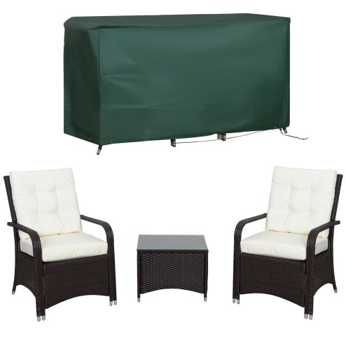 Outsunny 3 Pieces Rattan Bistro Set with Furniture Cover, Wicker Garden Furniture Set, Glass Top Coffee Table and Chairs with Cushions for Outdoor, Patio, Balcony, Cream White