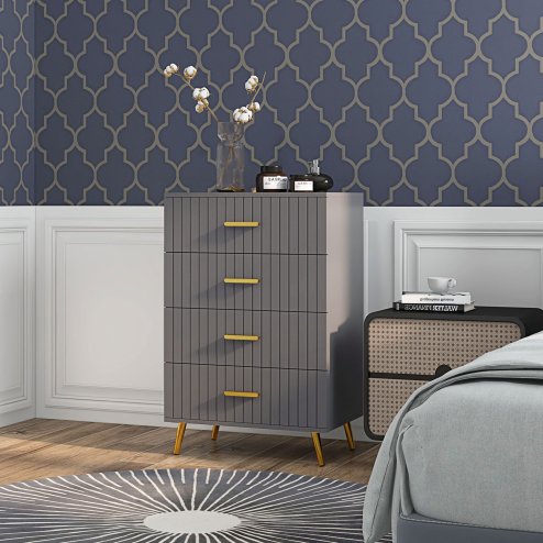 HOMCOM Bedroom Chest of Drawers, Modern 4-Drawer Dresser, Storage Drawer Unit with Aluminium Legs, Dark Grey