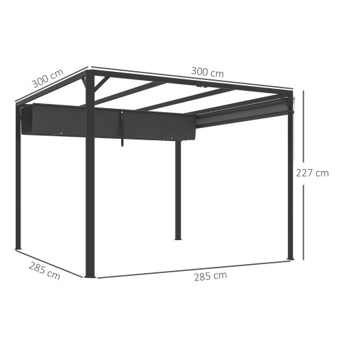 Outsunny 3 x 3(m) Garden Pergola with Retractable Roof Canopy, Aluminium Pergola Kit Gazebo with Roller Shade, UPF30+ Sun Shade Shelter for Porch, Dark Grey