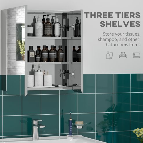 kleankin Bathroom Mirror Cabinet, Stainless Steel Wall-Mounted Bathroom Storage Cabinet with 2 Hinged Doors and Shelves for Laundry Room, 54W x 60Hcm, Silver