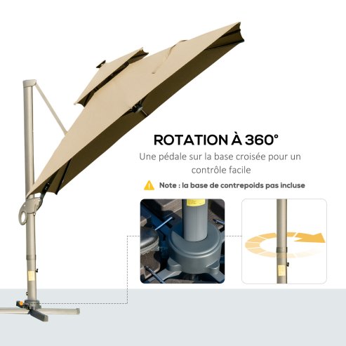 Outsunny 3 x 3(m) Cantilever Roma Parasol Garden Sun Umbrella, Two-tier 250g Polyester Sun Shade with LED Solar Light, Aluminium Frame, Cross Base 360 Degrees Rotating Khaki