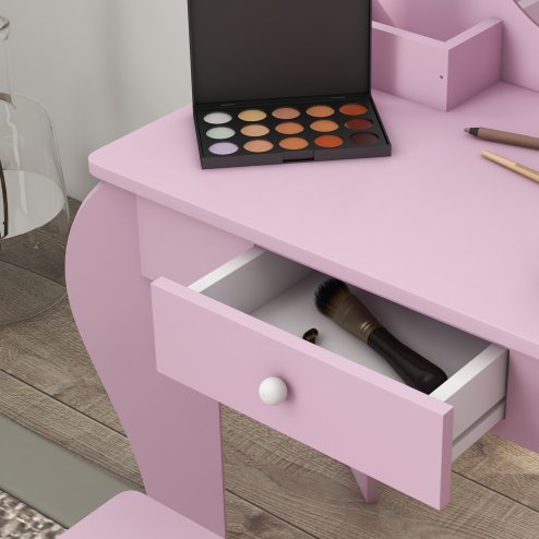ZONEKIZ Kids Dressing Table, Kids Vanity Table, Girls Dressing Table with Mirror, Stool, Drawer, Storage Boxes, Cat Design, for Ages 3-6 Years - Pink