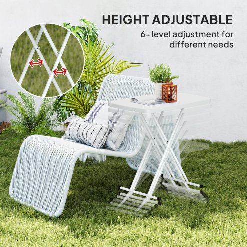 Outsunny Portable Folding Coffee Table, Height Adjustable Garden Table Bistro Table with HDPE Top and Metal Frame for Balcony Poolside Deck, White