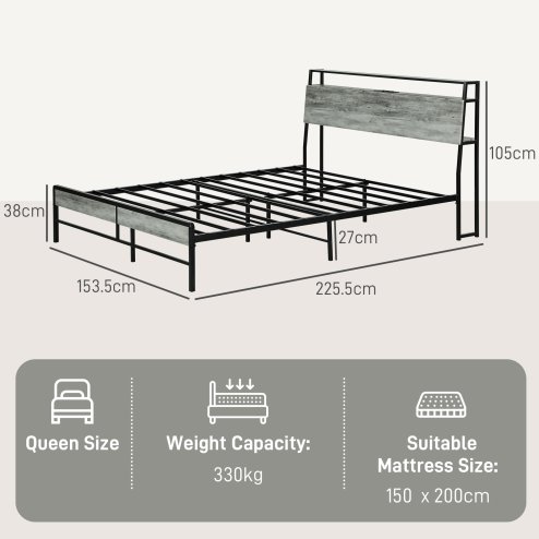 HOMCOM 5ft King Size Bed Frame with LED Lights and Charging Station, Platform Bed Frame with Storage Headboard, Steel Slat Support, No Box Spring Needed, Easy Assembly, Cement Grey