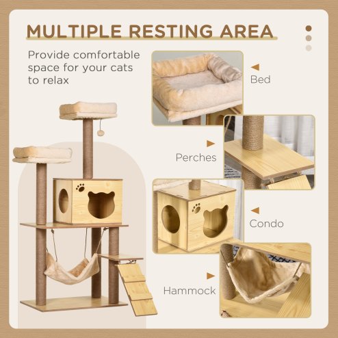 PawHut Wooden Cat Tree for Indoor Cats Climbing Tower for Large Cats with 5 Scratching Posts Hammock Toy Ball 130cm