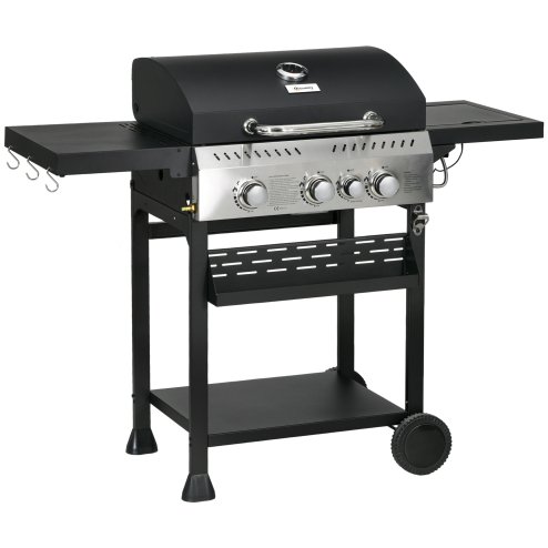 Outsunny 3+1 Gas Burner Grill, 11.5 kW Propane Gas Barbecue BBQ Grill with Wheels, Warming Rack, Shelves, Thermometer, Bottle Opener, Black