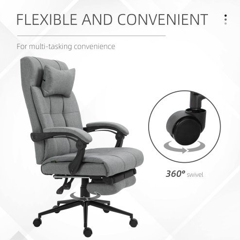 Vinsetto Office Chair Ergonomic Desk Chair, Computer Chair with Footrest & Head Pillow, 360° Swivel Recliner Chair for Home Office, Light Grey