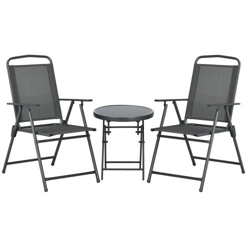 Outsunny Garden Bistro Set, 3 Pieces Table and Chairs Set, Outdoor Garden Furniture with Foldable Breathable Mesh Fabric Armchairs & Glass Top Coffee Table, Dark Grey