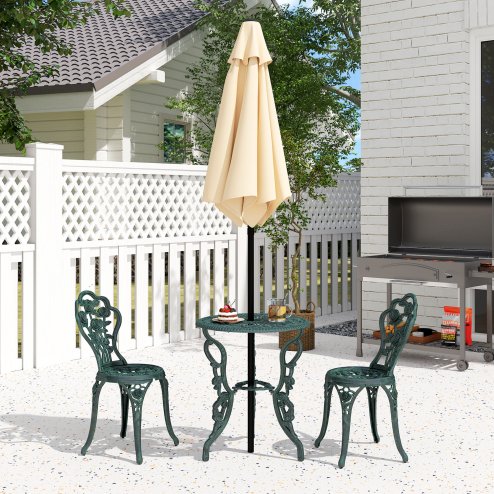 Outsunny Garden Bistro Set with Umbrella Hole, 3 Piece Cast Aluminium Garden Furniture Set, Antique Floral Round Coffee Table and Chairs, Small Balcony Furniture for Outdoor, Patio, Green
