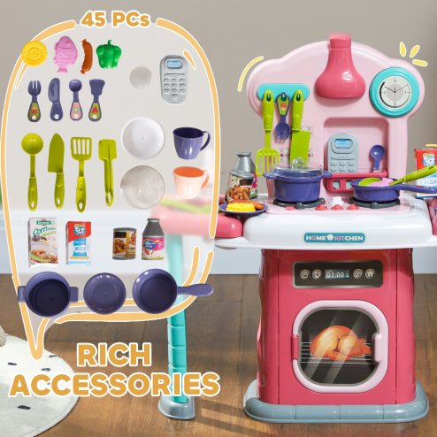 AIYAPLAY Toy Kitchen, 45-Piece Kids Kitchen with Rotating Side Tables, Toddler Pretend Role Play Kitchen with Light, Sounds, Spray Effect for Ages 3-6 Years, Pink