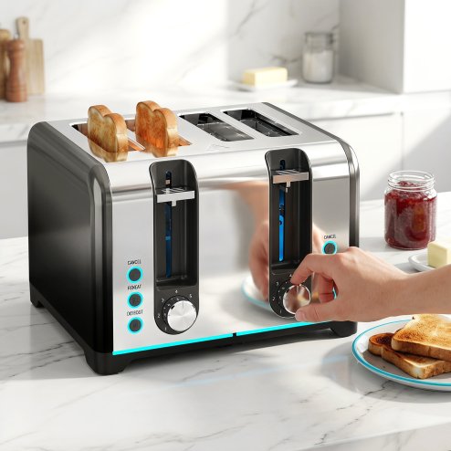 HOMCOM 4 Slice Toaster with 7 Browning Levels, Reheat, Defrost and Cancel Functions, Self-Centring Slots, Auto Shut-Off, Removable Crumb Tray, 1860W, Black