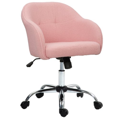 HOMCOM Office Chair, Teddy Fleece Swivel Computer Desk Chair, Makeup Vanity Seat with Adjustable Height for Home Study Bedroom, Pink